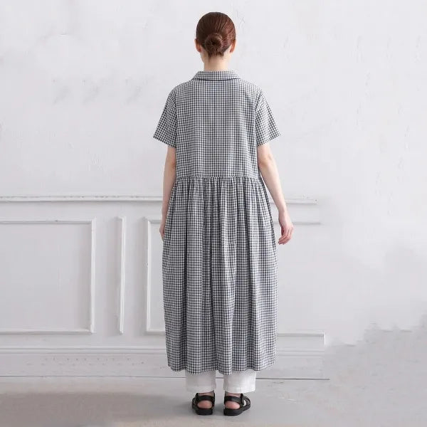 M-2XL 綿麻 POLOネック チェック柄 | デイリー ワンピース