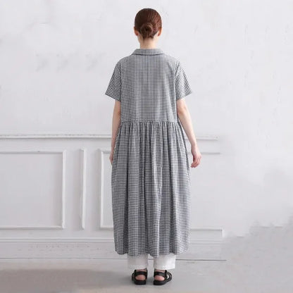 M-2XL 綿麻 POLOネック チェック柄 | デイリー ワンピース
