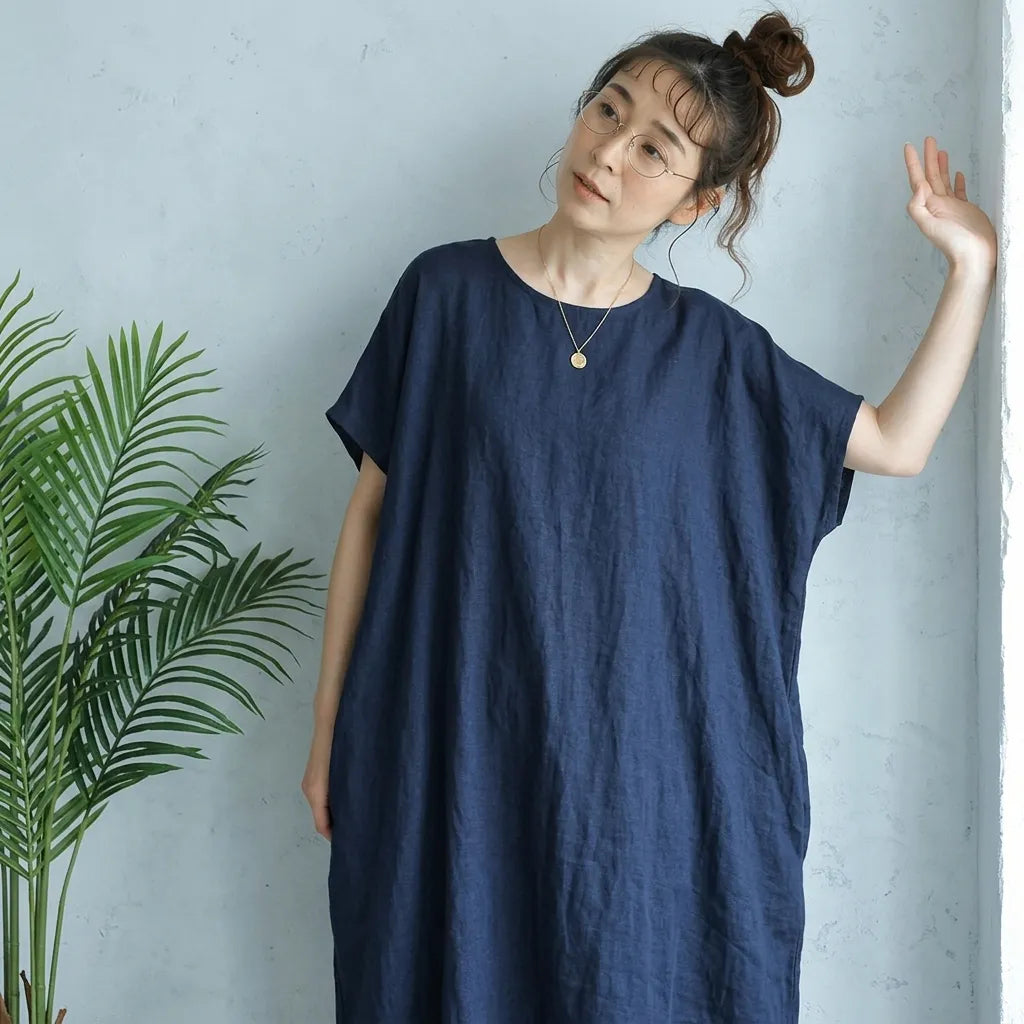 M-XL 脇ポケットリネン ロングワンピース ナチュラル