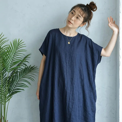 M-XL 脇ポケットリネン ロングワンピース ナチュラル