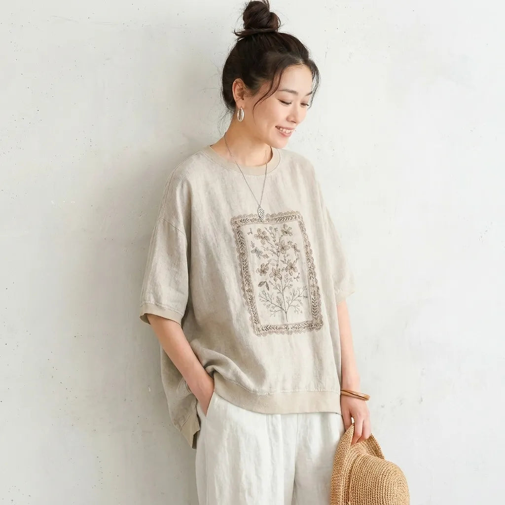 M-2XL ナチュラル プリント コットン混 半袖Tシャツ 体型カバー ルーズ