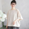 S-L 綿麻 カットワーク フレアスリーブ 半袖 無地 切り替え シンプル Tシャツ