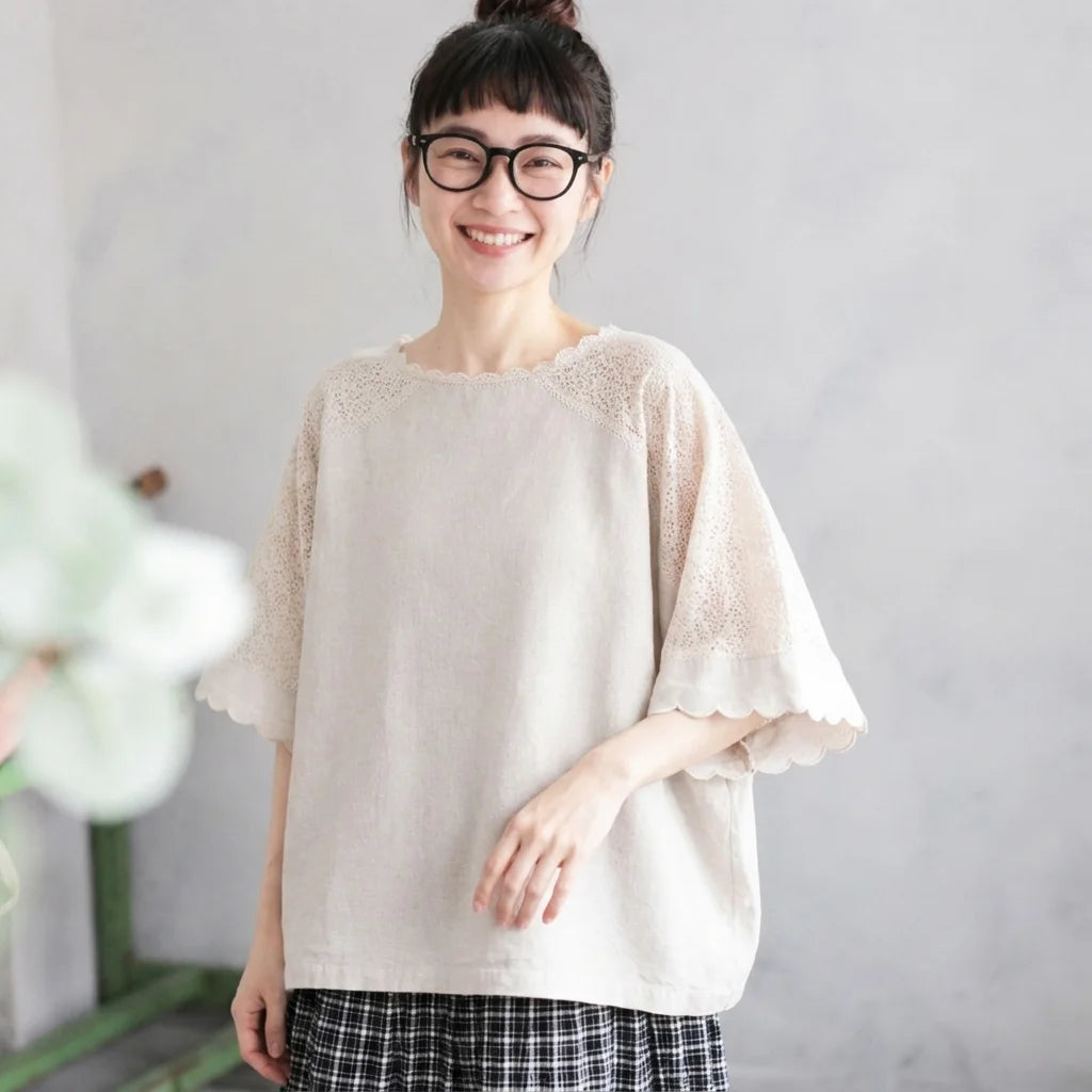 S-L 綿麻 カットワーク フレアスリーブ 半袖 無地 切り替え シンプル Tシャツ