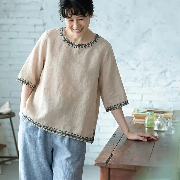 M-3XL 綿麻 ナチュラル 肌触り柔らかい 五分袖 刺繍 無地 毎日使える Tシャツ