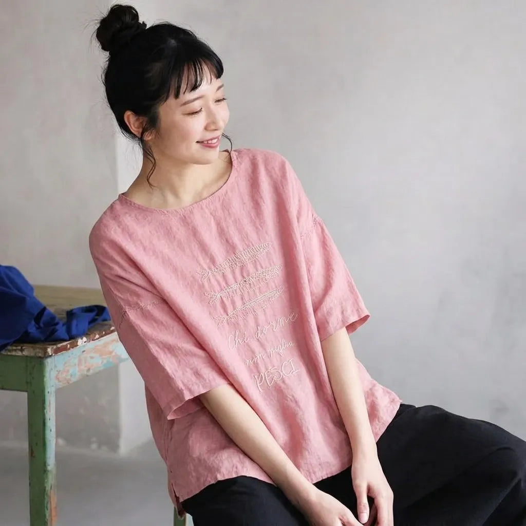 宵闇の屋上で星屑を数える、リネン混プルオーバー Tシャツ