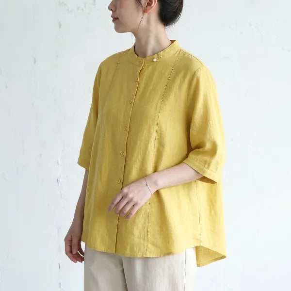 M-2XL ナチュラル 刺繍 レトロ 綿麻 立襟 五分袖 無地 シャツ