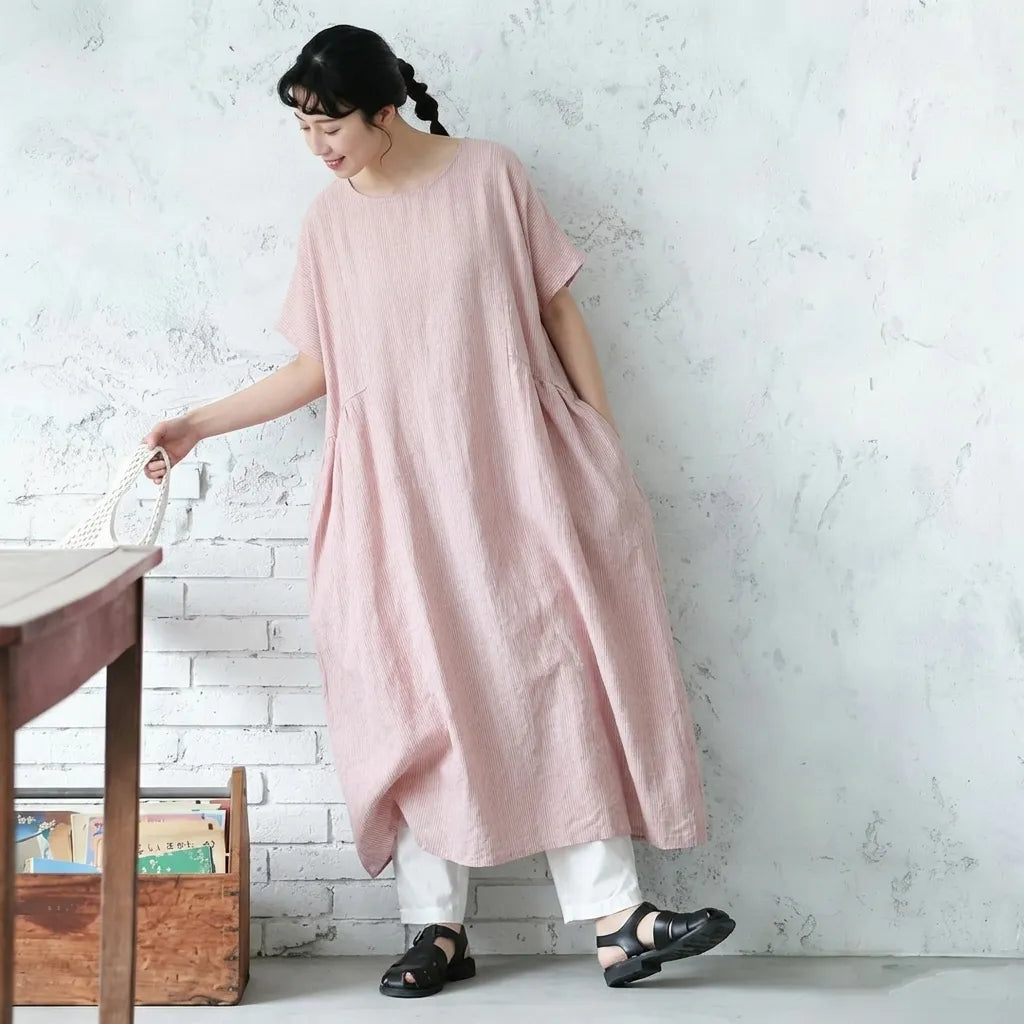 M-XL 脇ポケットリネン ロングワンピース ナチュラル