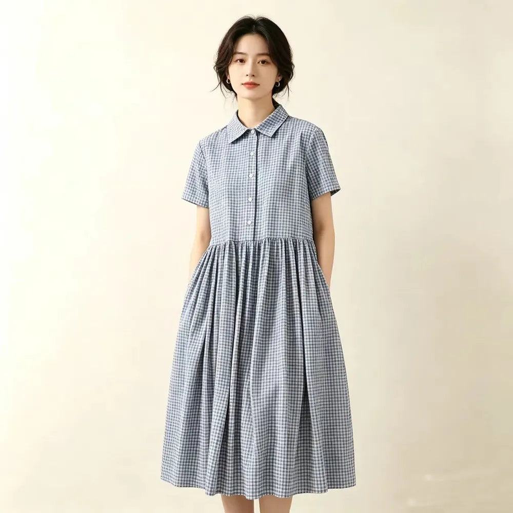 M-2XL 綿麻 POLOネック チェック柄 | デイリー ワンピース