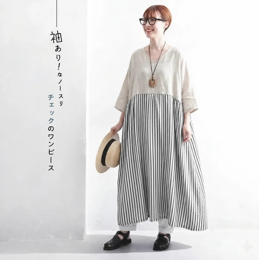 M-2XL リネン 夏でも涼しい 切り替え チェック柄 五分袖 お散歩に 半袖ワンピース