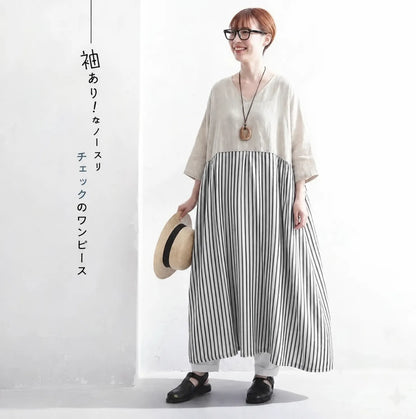 M-2XL リネン 夏でも涼しい 切り替え チェック柄 五分袖 お散歩に 半袖ワンピース