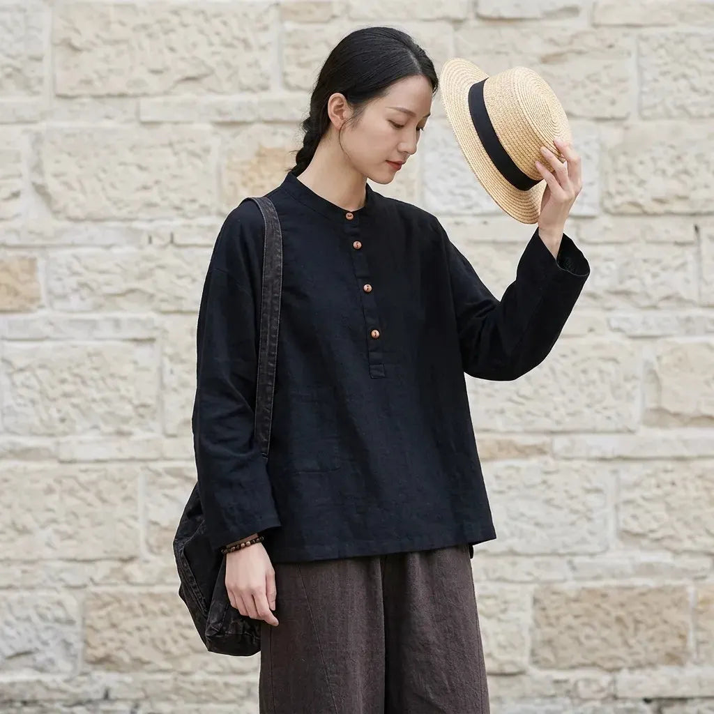 M~3XL レトロ コットン リネン 立襟 プルオーバー 長袖シャツ