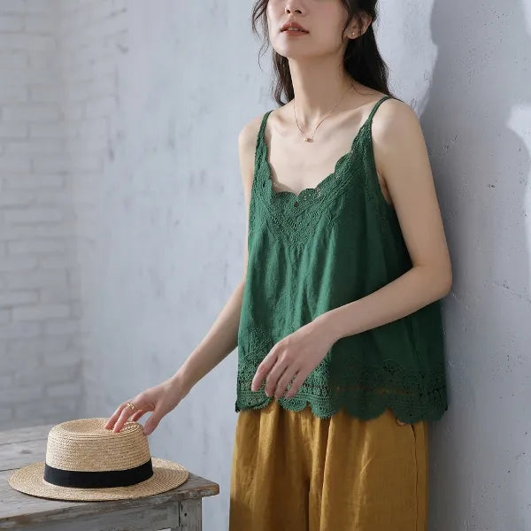 M-2XL 綿麻 レース 透かし彫り 刺繍 レトロ タンクトップ/キャミソール