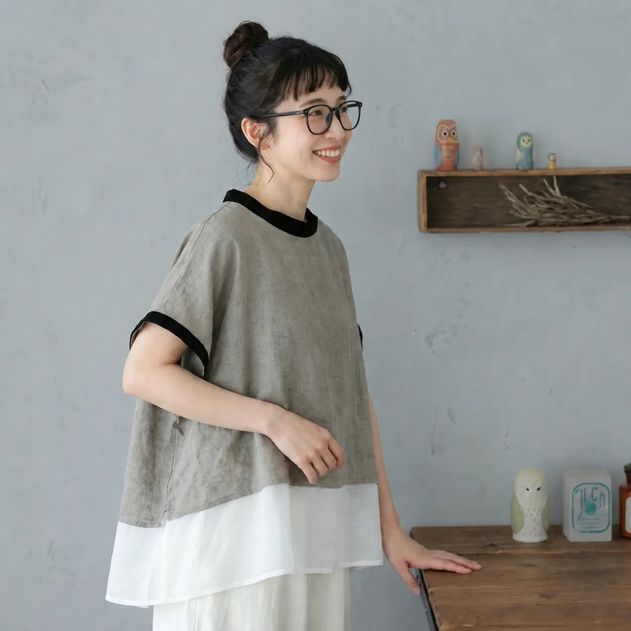 S-L 綿麻 ノーマルスリーブ 切り替え 半袖 重ね着風 配色 カジュアル シャツ