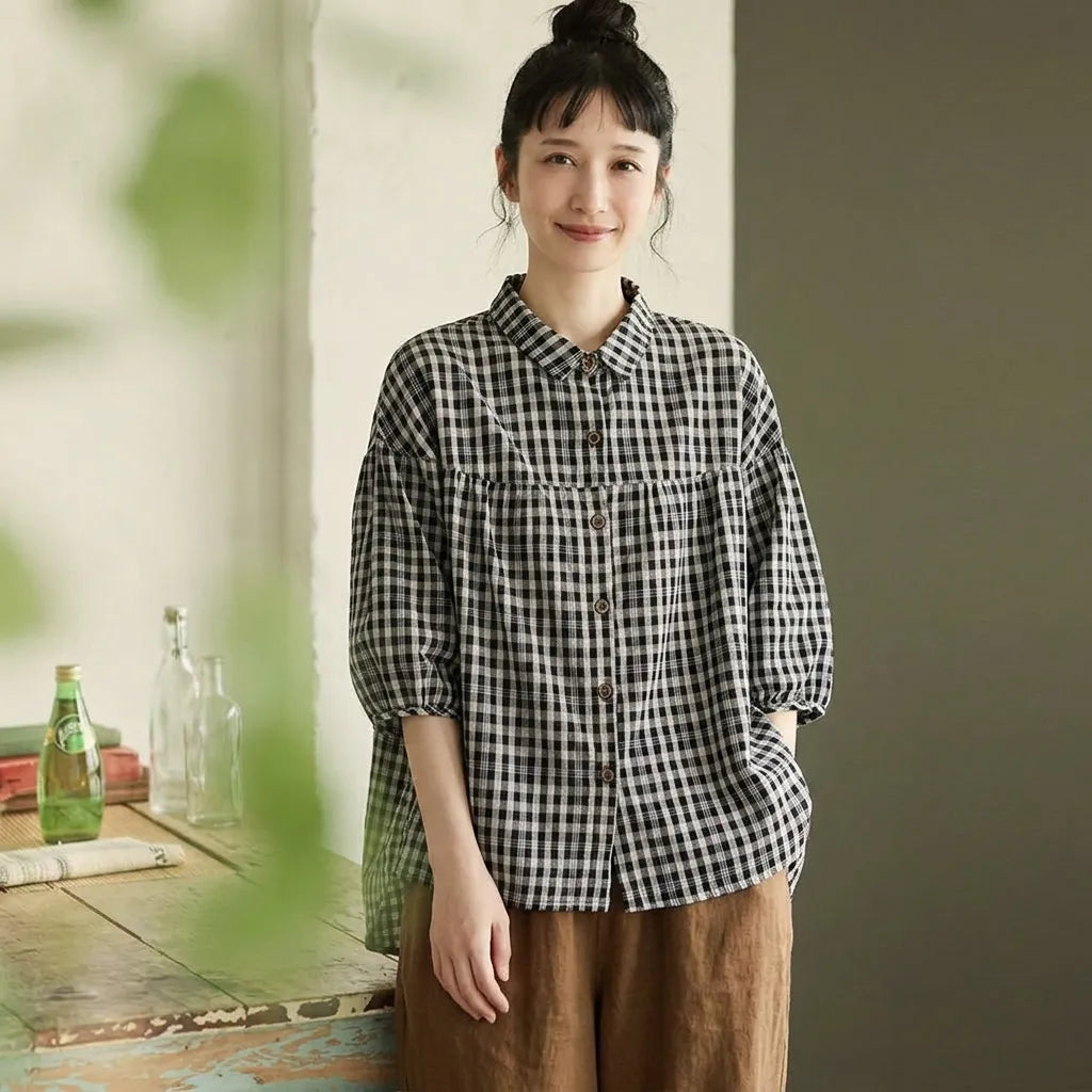 薄手綿麻素材大きめサイズ通勤チェックシャツ チェック柄
