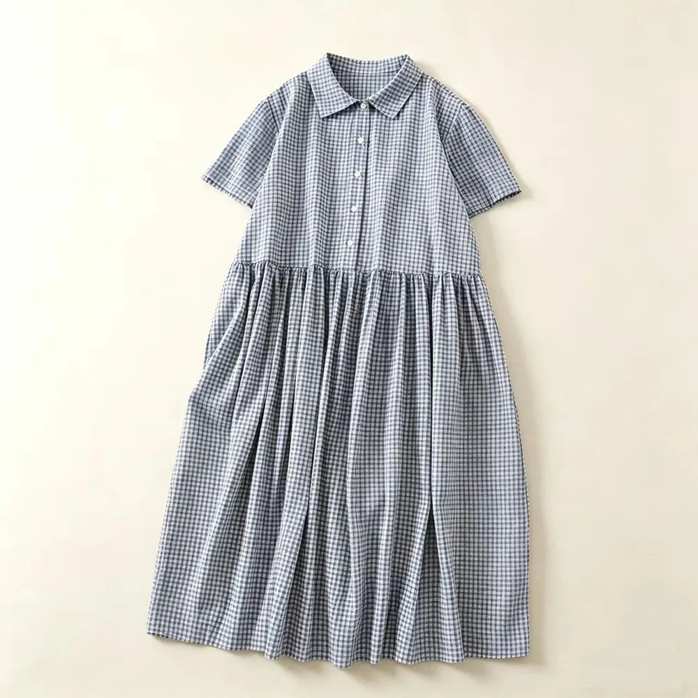 M-2XL 綿麻 POLOネック チェック柄 | デイリー ワンピース