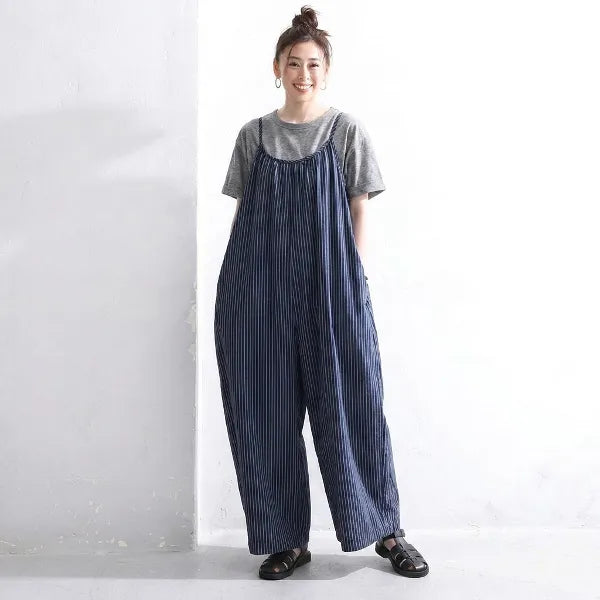 M~2XL コットン ストライプ柄 ノースリーブ オールインワン