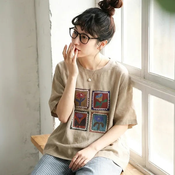 M-2XL 花模様 プリント ノーマルスリーブ 半袖 ラウンドネック カジュアル Tシャツ