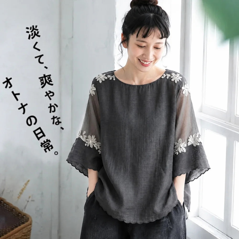 「奇跡の再販」 ラウンドネック 五分袖 刺繍 ノーマルスリーブ 花模様 森ガール シャツ