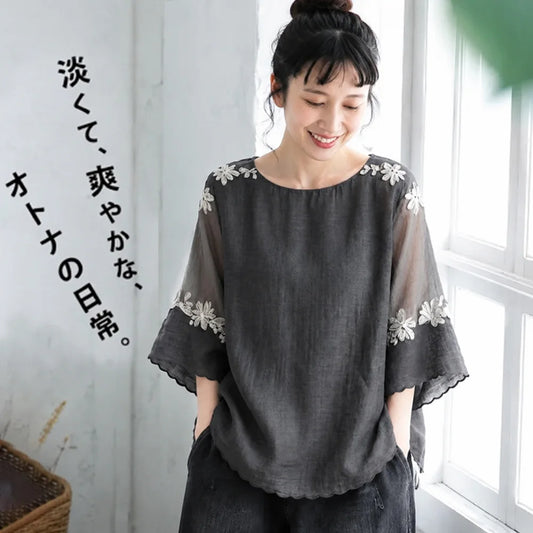 「奇跡の再販」 ラウンドネック 五分袖 刺繍 ノーマルスリーブ 花模様 森ガール シャツ
