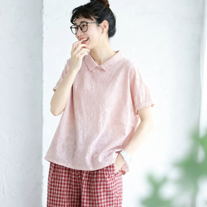 ナチュラル M~2XL リラックス＆レトロな夏の定番アイテム 半袖ブラウス/ダボシャツ・ラクに着られる