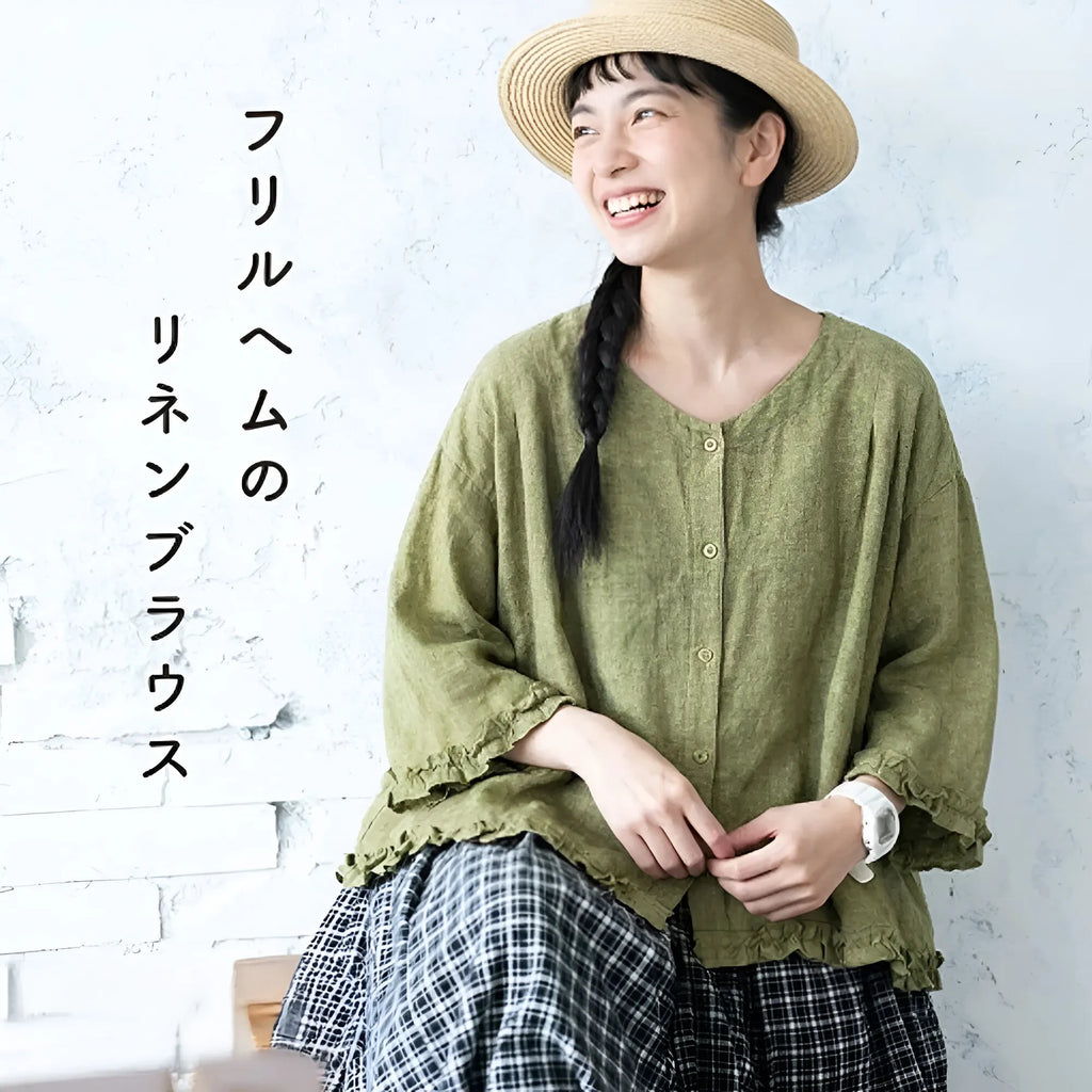 草花の余韻をまとう、ジャカードリネンのVネックブラウス