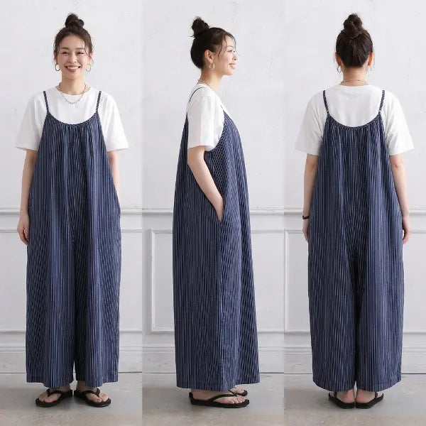 M~2XL コットン ストライプ柄 ノースリーブ オールインワン