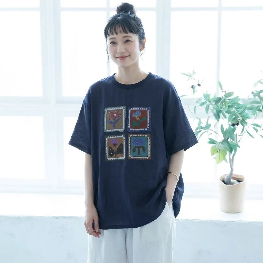 ルーズな雰囲気細見え半袖プルオーバーTシャツ