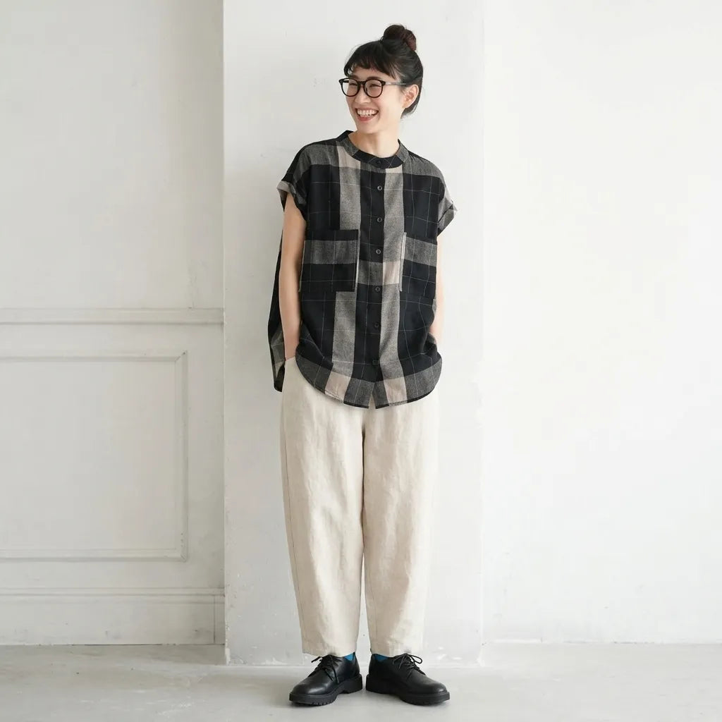 M-2XL ラ綿麻 ウンドネック チェック柄 ノースリーブ シンプル Tシャツ