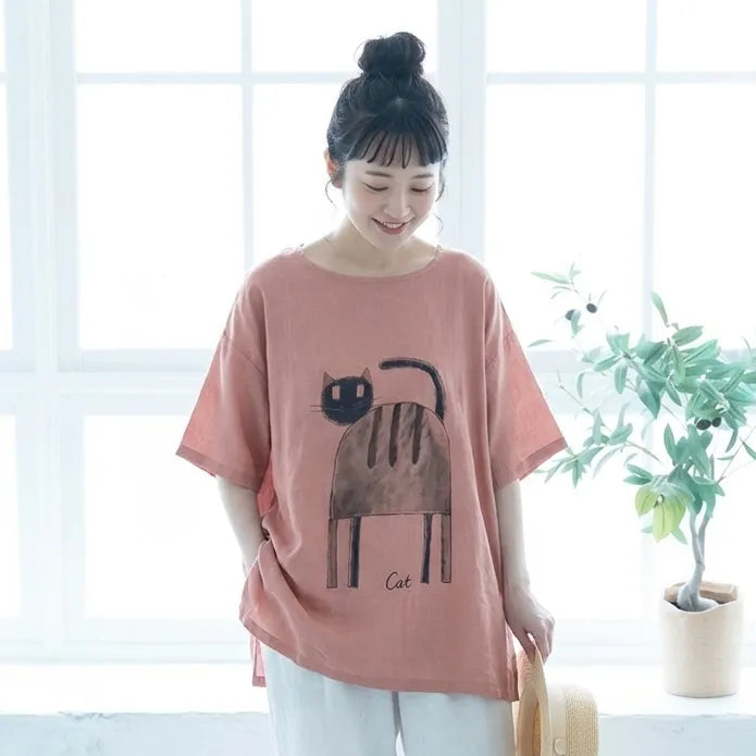 ねこと過ごす、風通しのいいコットンリネンTシャツ