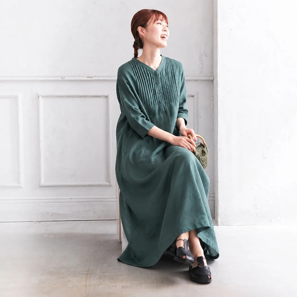 M-3XL 綿麻 リーツ 五分袖 無地 シンプル 半袖ワンピース