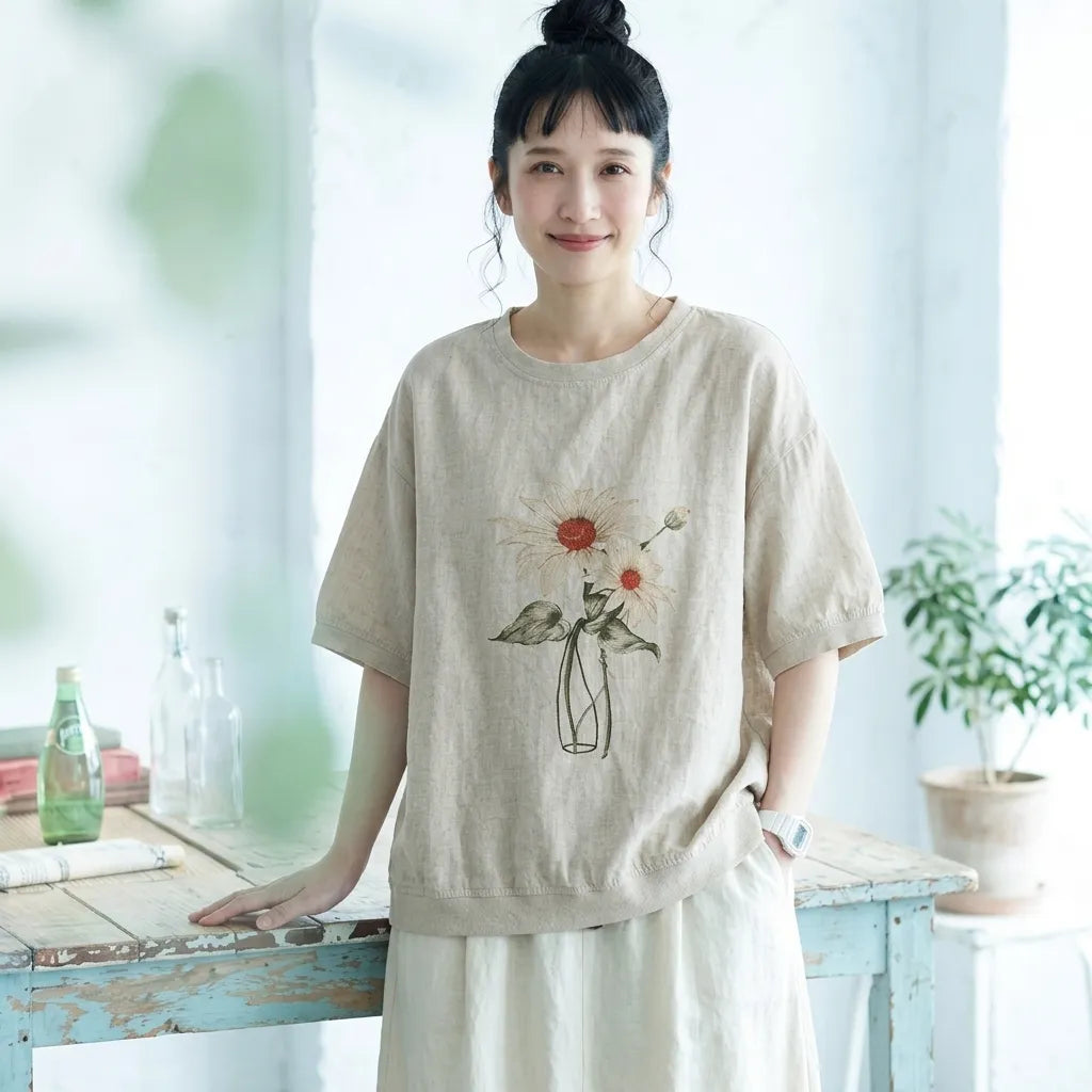 夏の思い出をスケッチした、アンティーク風半袖Tシャツ