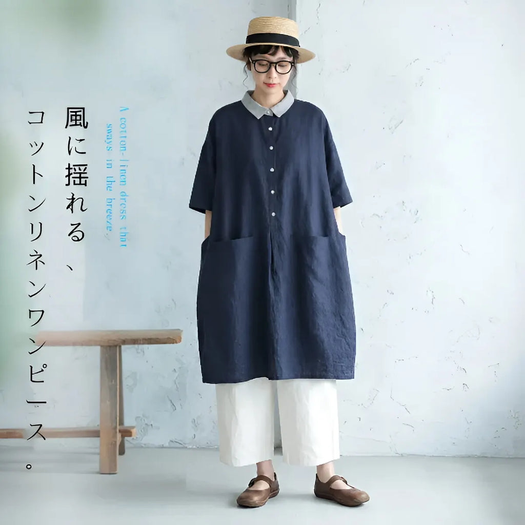 M-2XL 綿麻 ボタン 配色 切り替え 五分袖 シンプル カジュアルワンピース