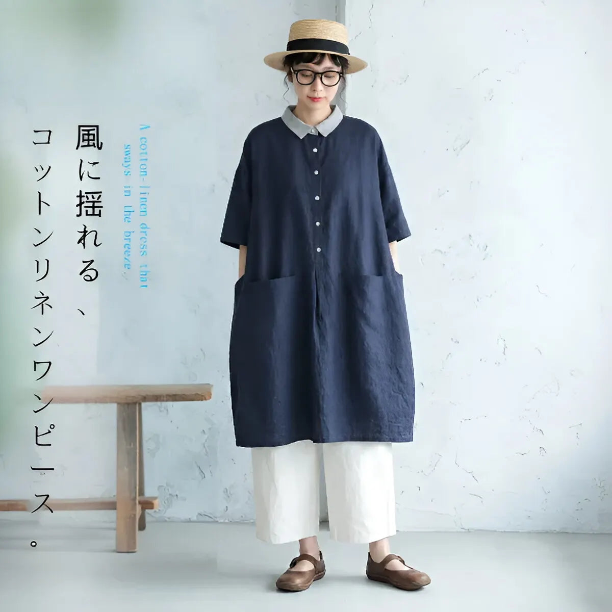 M-2XL 綿麻 ボタン 配色 切り替え 五分袖 シンプル カジュアルワンピース