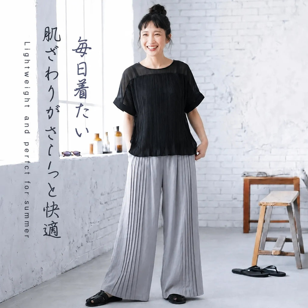 【単品注文】クルーネックバットスリーブ半袖トップスとプリーツワイドパンツセットアップ