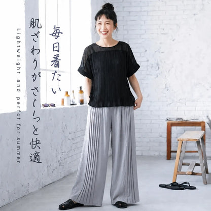 【単品注文】クルーネックバットスリーブ半袖トップスとプリーツワイドパンツセットアップ