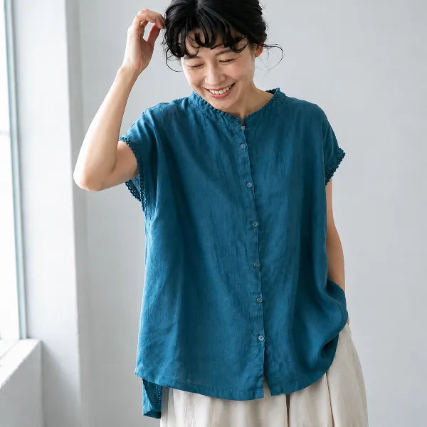 M~2XL 綿麻 スタンドネック 切り替え 無地 デイリー 体型をカバー カジュアル シャツ