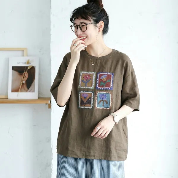 M-2XL 花模様 プリント ノーマルスリーブ 半袖 ラウンドネック カジュアル Tシャツ
