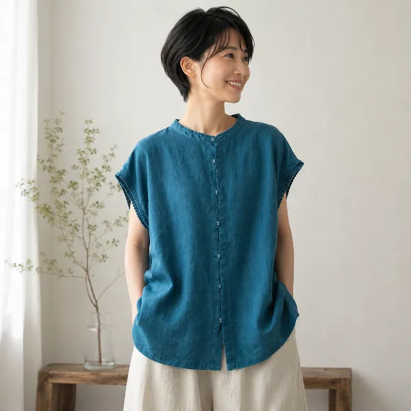 M~2XL 綿麻 スタンドネック 切り替え 無地 デイリー 体型をカバー カジュアル シャツ