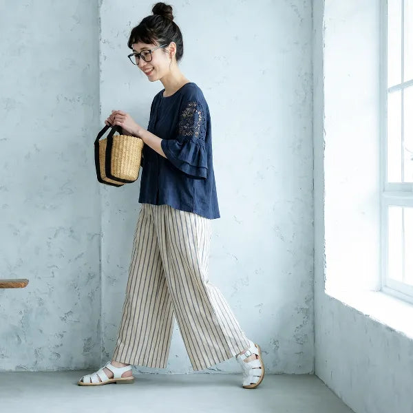 女性に大人気M-XL 五分袖 アンクル丈（9分丈） フレアスリーブ ストライプ柄 無地 カジュアル
