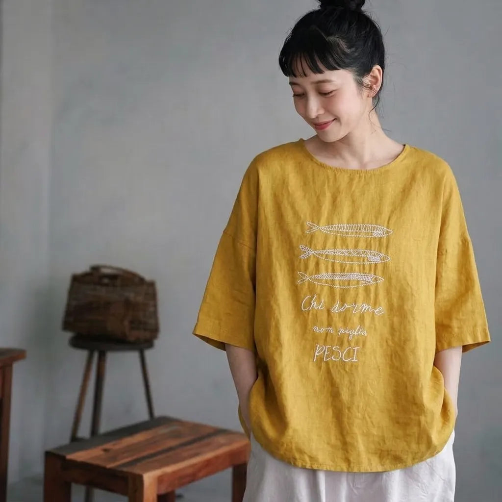 宵闇の屋上で星屑を数える、リネン混プルオーバー Tシャツ