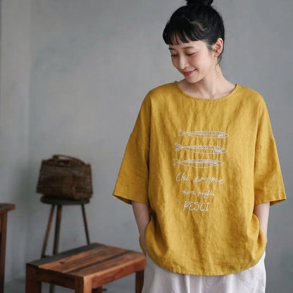 宵闇の屋上で星屑を数える、リネン混プルオーバー Tシャツ