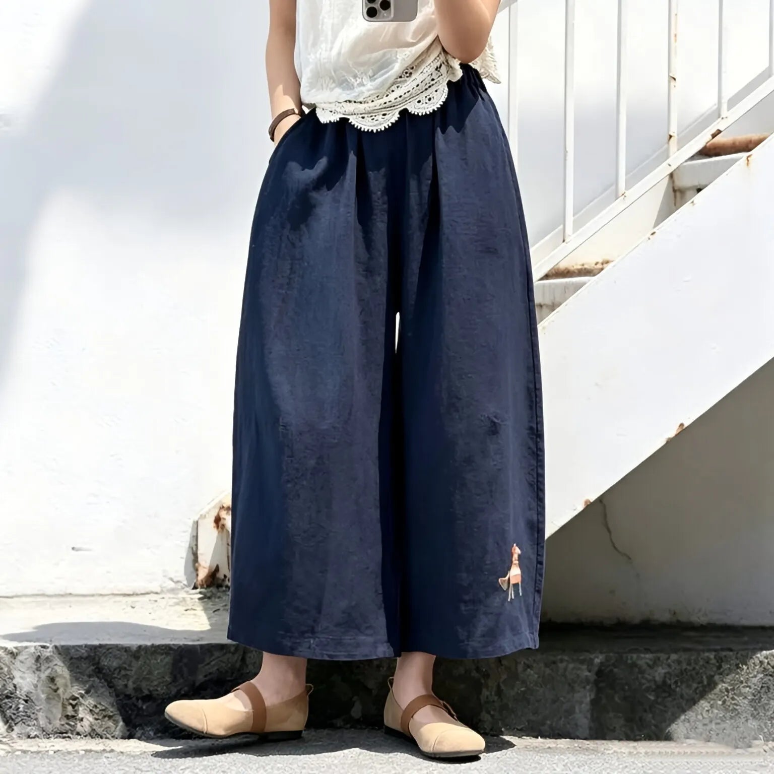 M-5XL 綿麻 アンクル丈（9分丈） 肌触り柔らかい 刺繍 カートゥーン ビックシルエット ファッション ガウチョパンツ
