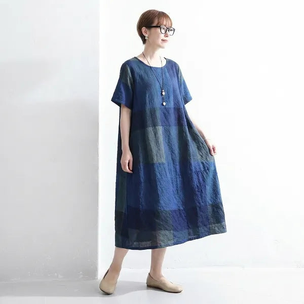 M-2XL 綿麻 チェック柄 Aライン 半袖 カジュアル 半袖ワンピース