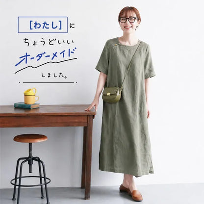 M-2XL 綿麻リネン 薄手素材 ラウンドネック 半袖 ルーズ レトロ 高見え 半袖 ロングワンピース