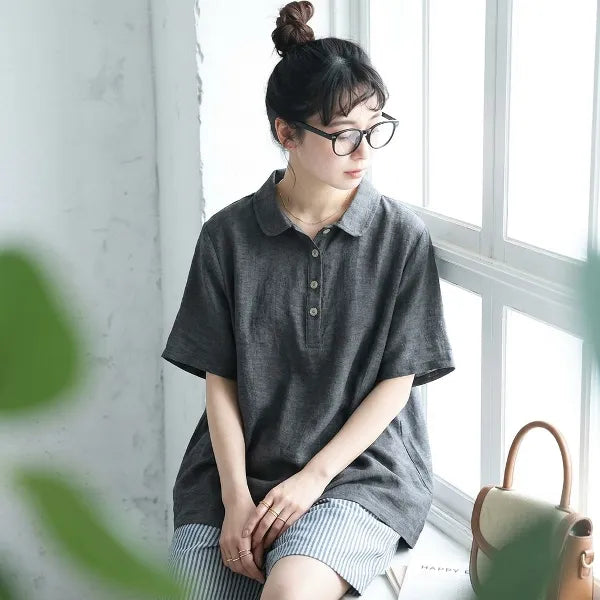 【Ｍ-2XL】リネン生地 綿麻 POLOネック ボタン半開き | 通勤 シャツ
