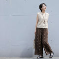 S~XL 綿麻 花柄 レトロ ハイウエスト ゆったり ストレート レディースパンツ