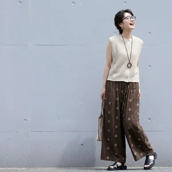 S~XL 綿麻 花柄 レトロ ハイウエスト ゆったり ストレート レディースパンツ