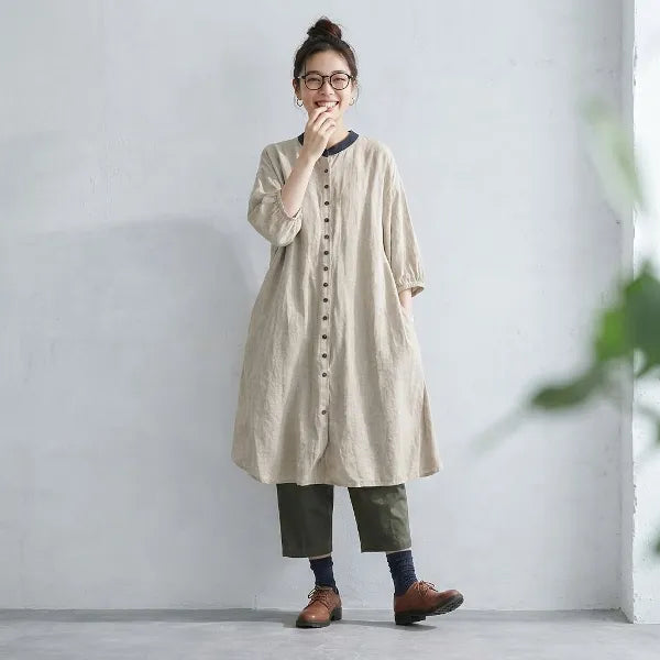 M-2XL リラックス感たっぷり リネン調ワンピース カーディガン カジュアルなお出かけに