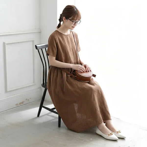 M-2XL 綿麻 無地 丸首 五分袖 ゆったり ロングワンピース