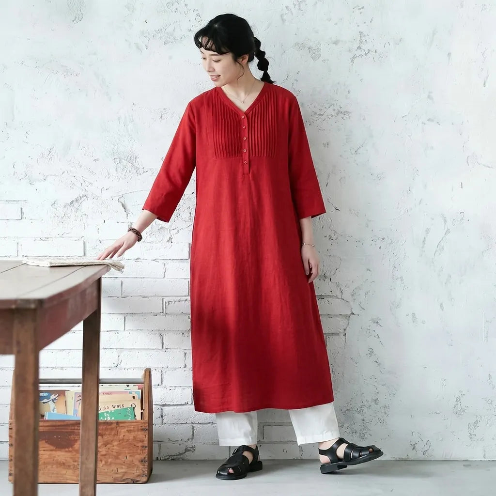 M-3XL 綿麻 リーツ 五分袖 無地 シンプル 半袖ワンピース